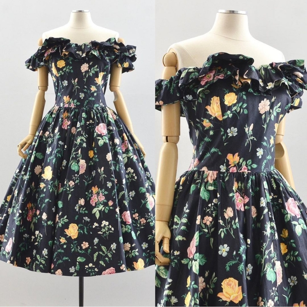 Vintage 1980s Black Floral Dress